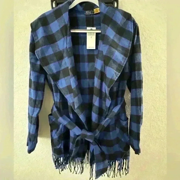 NWT POLO RALPH LAUREN navy blue plaid fringe-edge belted jacket Sz S! - Picture 8 of 9